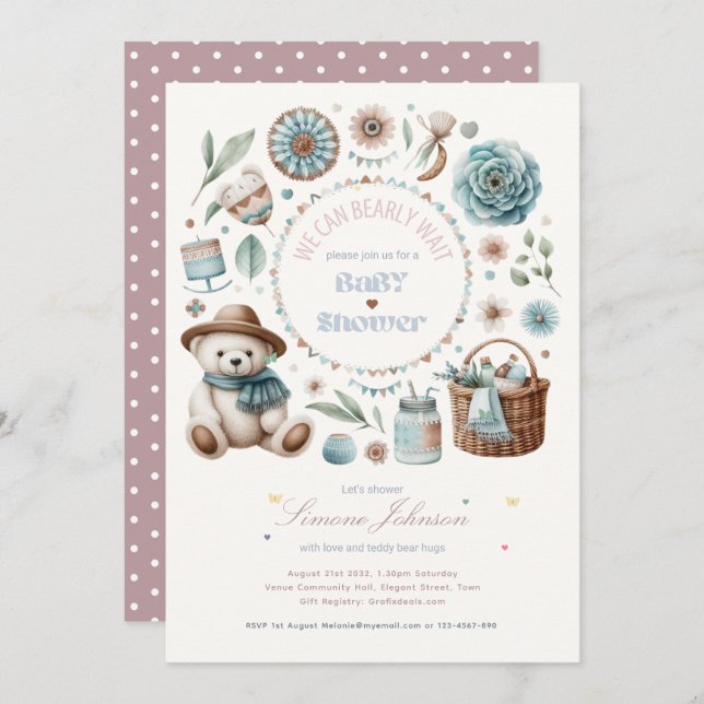 Boho Teddy Bear Picnic Baby Shower Theme Unisex Invitation (Front/Back)