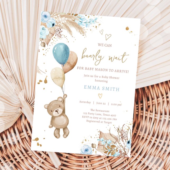 Boho Teddy Bear Picnic Boy Blue Baby Shower Invitation (Creator Uploaded)