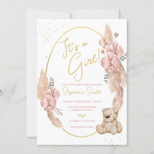Boho Teddy Bear Pink and Gold Baby Shower Invitation