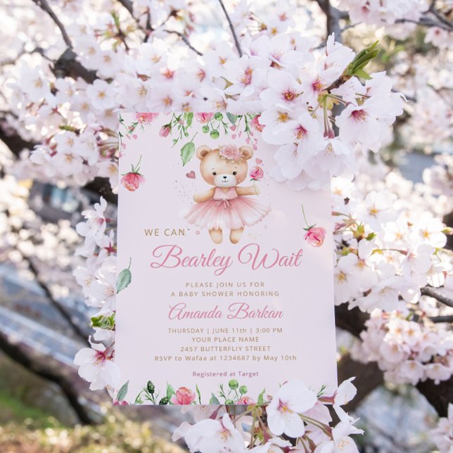 Boho Teddy Bear Pink Bearly Wait Girl Baby Shower  Invitation (Creator Uploaded)