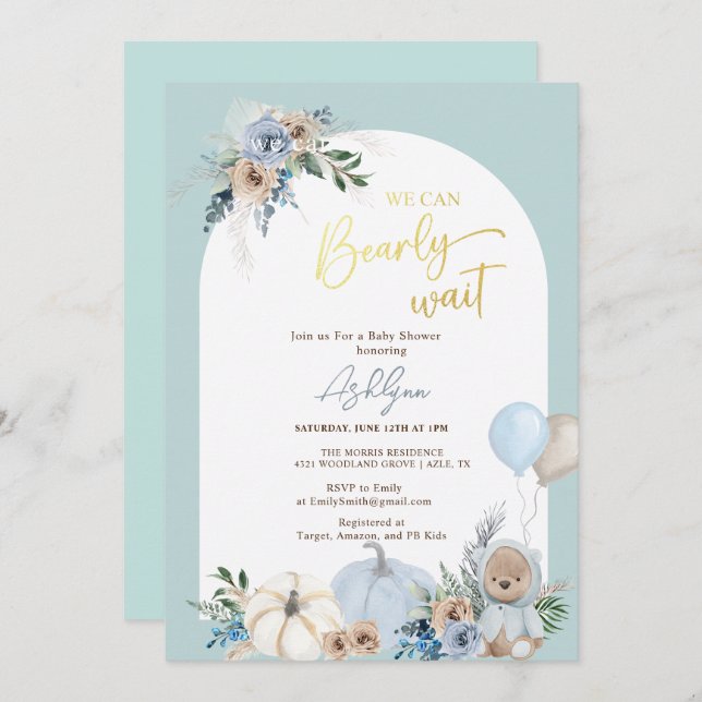Boho Teddy Bear Pumpkin Boy Bearly Baby Shower Invitation (Front/Back)