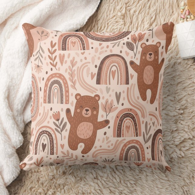 Boho Teddy Bear Rainbow Brown Beige Blush Cushion (Blanket)