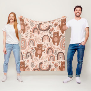 Boho Teddy Bear Rainbow Brown Beige Blush Fleece Blanket
