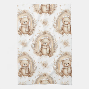 Boho Teddy Bear Rainbow Neutral Floral (2) Tea Towel