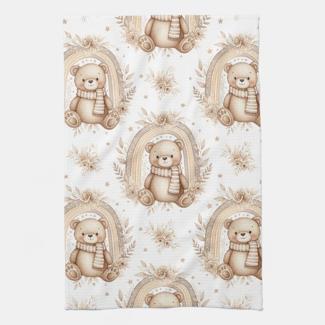 Boho Teddy Bear Rainbow Neutral Floral (2) Tea Towel (Vertical)