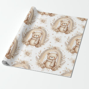 Boho Teddy Bear Rainbow Neutral Floral (2) Wrapping Paper