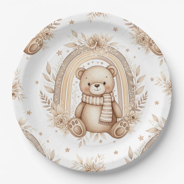 Boho Teddy Bear Rainbow Neutral Floral Paper Plate (Front)