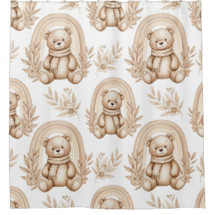 Boho Teddy Bear Rainbow Neutral Floral Shower Curtain
