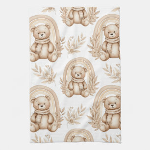 Boho Teddy Bear Rainbow Neutral Floral Tea Towel