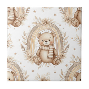 Boho Teddy Bear Rainbow Neutral Floral Tile