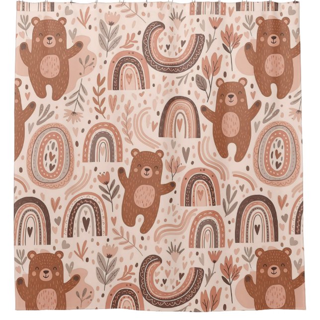 Boho Teddy Bear Rainbow Nursery Pattern Shower Curtain (Front)