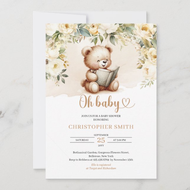 Boho teddy bear reading a book green and brown  invitation (Front)