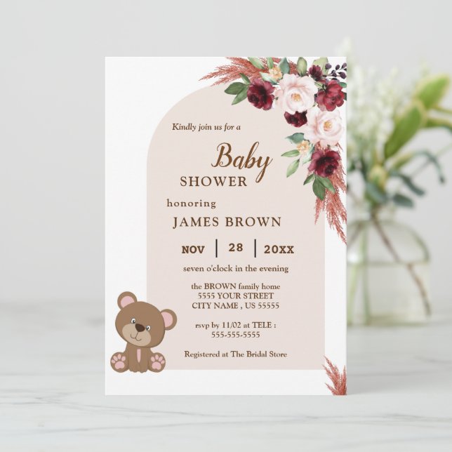 Boho Teddy Bear Stylist Baby Shower Invitation  (Standing Front)
