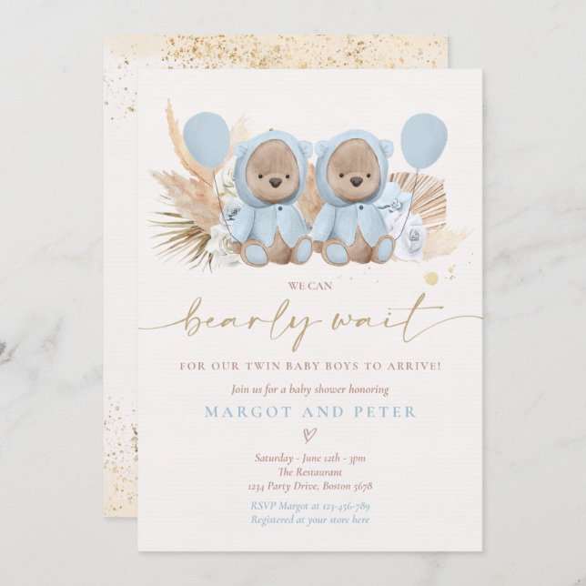 Boho Teddy Bear Twin Boys Bearly Wait Baby Shower Invitation (Front/Back)