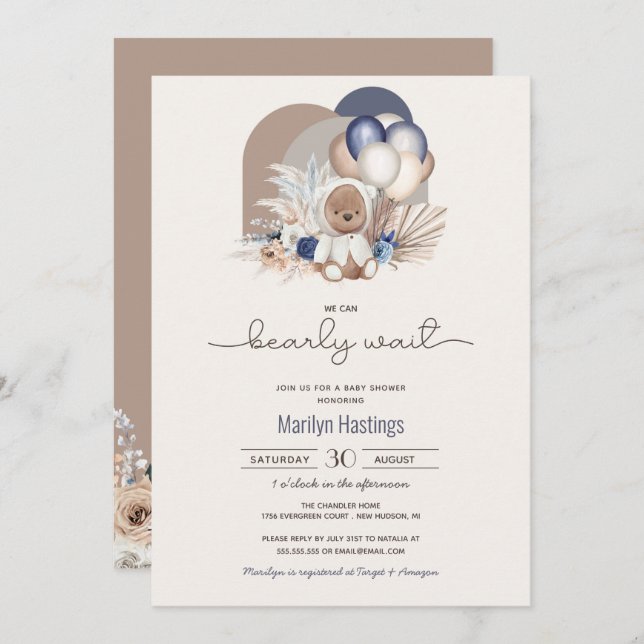 Boho Teddy Bear, We Can Bearly Wait - Baby Shower  Invitation (Front/Back)