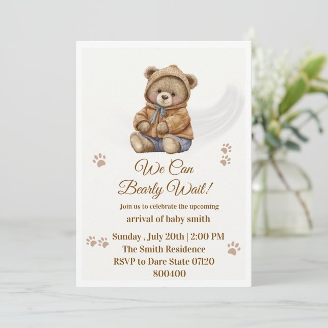 Boho Teddy Bear "We Can Bearly Wait" Baby Shower. Invitation (Standing Front)