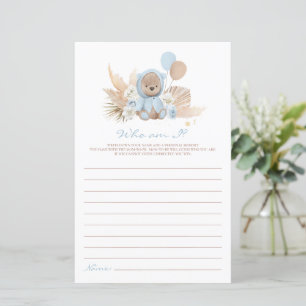 Boho Teddy Bear Who Am I Baby Shower Game
