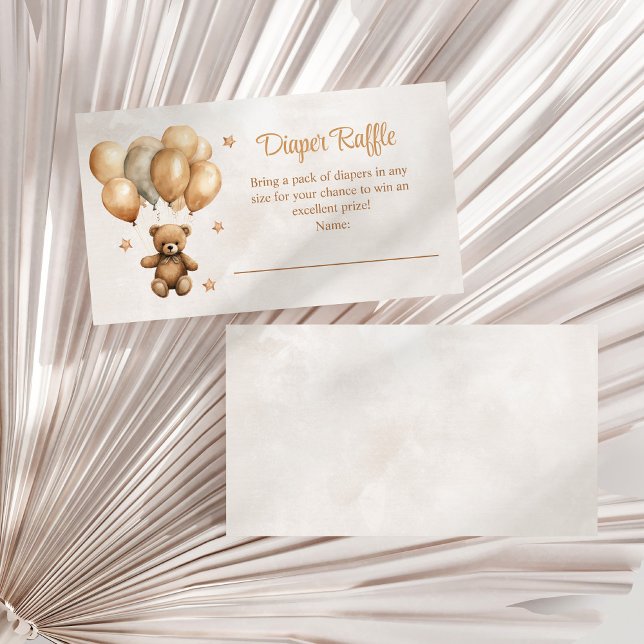 Boho Teddy Bear with Balloons Diaper Raffle Enclosure Card (Boho Teddy Bear with Balloons Diaper Raffle Enclosure Card on a white dry palm leaf.)