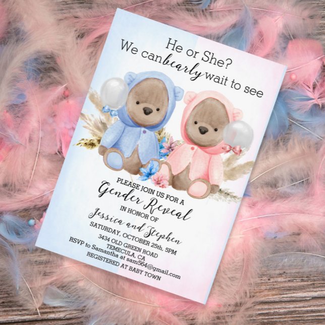 Boho Teddy Bears Pink Blue Gender Reveal Invitation (Creator Uploaded)
