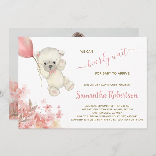 Boho Teddy Polar Bear Pink Pampa Grass Baby Shower Invitation (Front/Back)