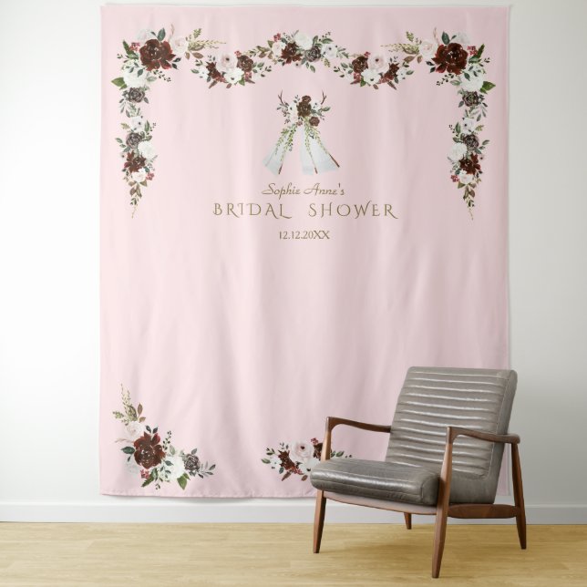 Boho Teepee Burgundy Cream Floral Bridal Shower Tapestry (In Situ)