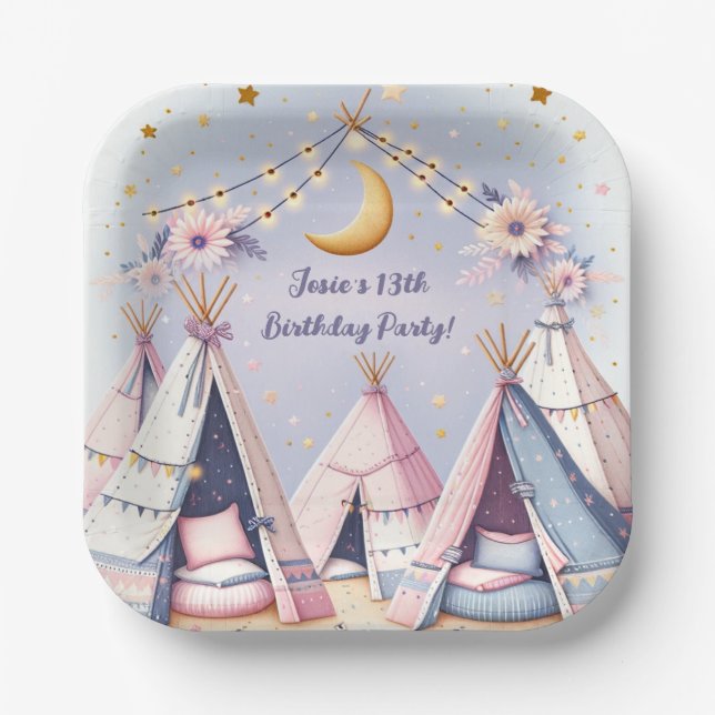 Boho Teepee Girly Sleepover Slumber Party Paper Plate (Front)