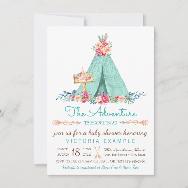 Boho TeePee Rustic Girl Baby Shower Invitations (Front)