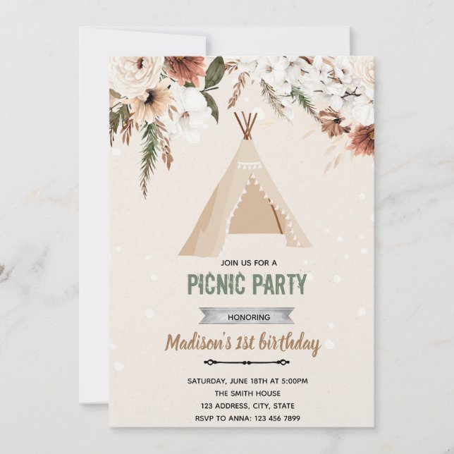 Boho teepee shower birthday invitation (Front)