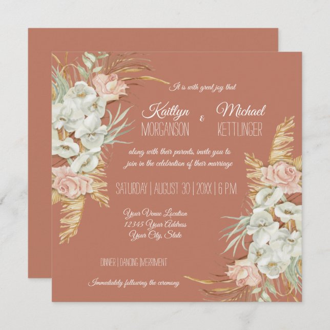 BOHO Terra Cotta Orchid Floral Pampas Palm Foliage Invitation (Front/Back)