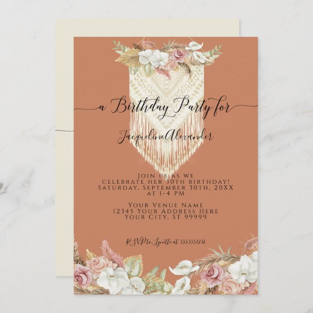 Boho Terra Cotta Tropical Floral Pampas Birthday Invitation (Front/Back)