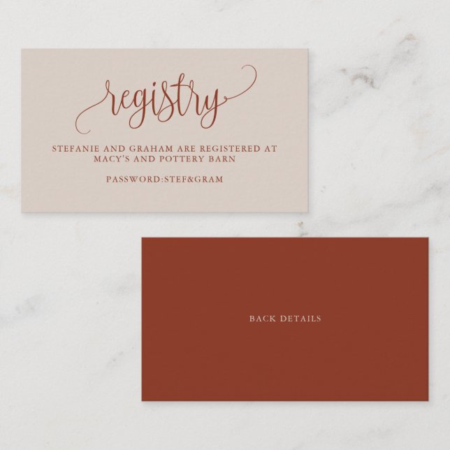 Boho Terracota Calligraphy Wedding Gift Registry Enclosure Card (Front/Back)