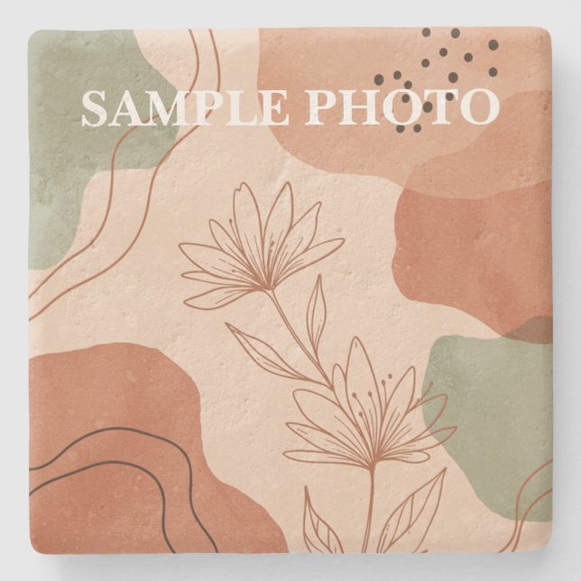 Boho Terracotta Abstract Floral Custom Photo Stone Coaster (Front)
