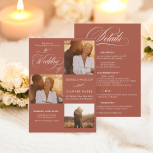 Boho terracotta all in one script photos wedding invitation