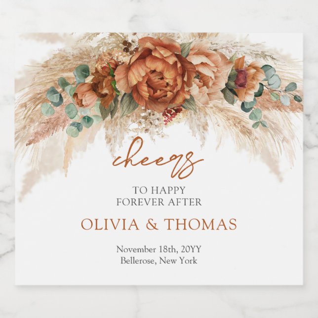 Boho Terracotta and burgundy flowers pampas grass  Sparkling Wine Label (Single Label)