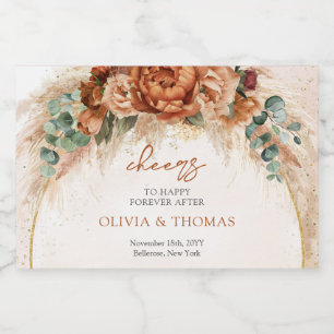 Boho Terracotta and burgundy flowers pampas grass Sparkling Wine Label