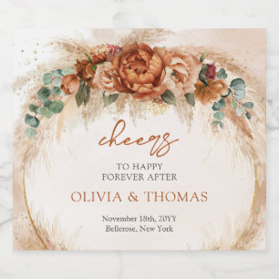 Boho Terracotta and burgundy flowers pampas grass  Sparkling Wine Label