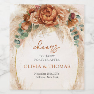 Boho Terracotta and burgundy flowers pampas grass Wine Label