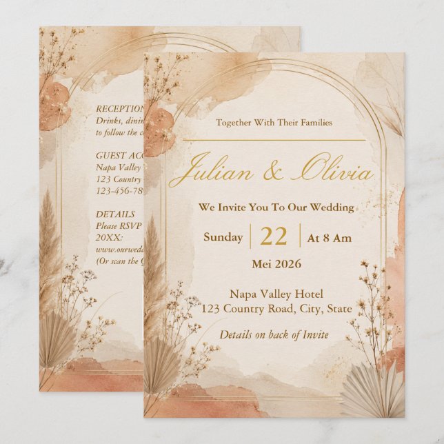 Boho Terracotta and Gold Arch Wedding Invitation (Front/Back)