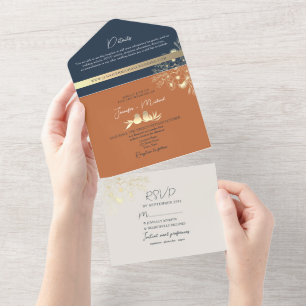 Boho Terracotta and Navy Blue Floral Wedding All In One Invitation