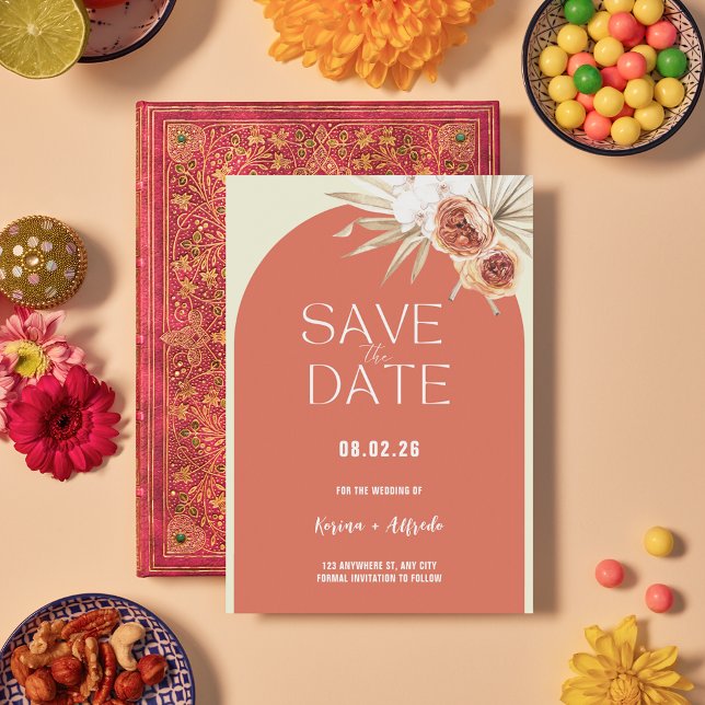 Boho Terracotta Arch Floral Save the Date Template (Creator Uploaded)
