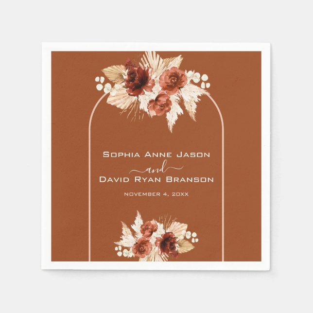 Boho Terracotta Arch Pampas Grass Floral Wedding  Napkin (Front)