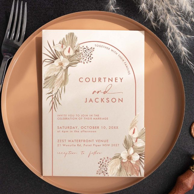 Boho Terracotta Arch Pampas Grass Wedding Invitati Invitation (Creator Uploaded)