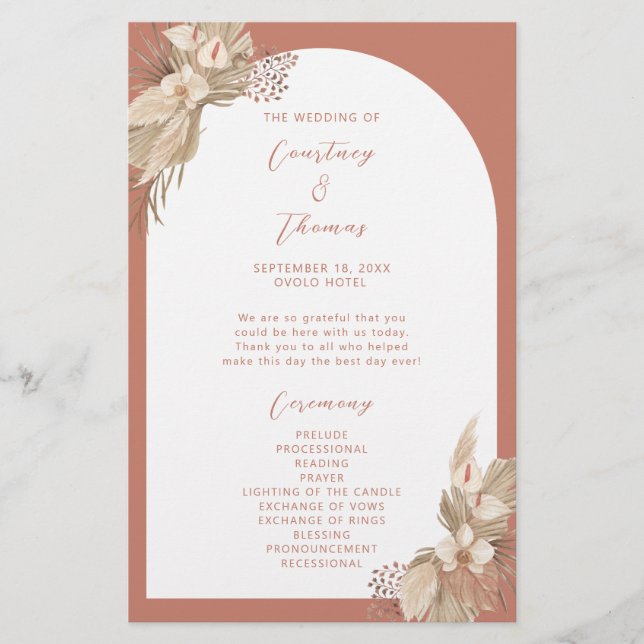 Boho Terracotta Arch Pampas Grass wedding program (Front)