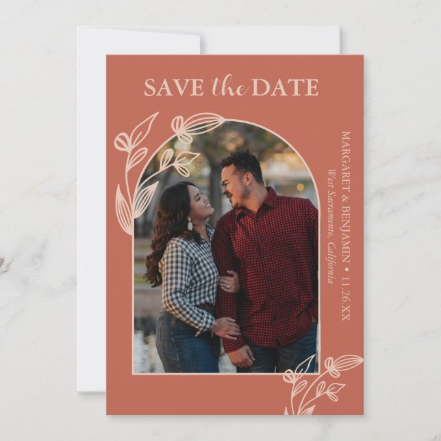 Boho Terracotta Arch Photo Floral Save The Date (Front)