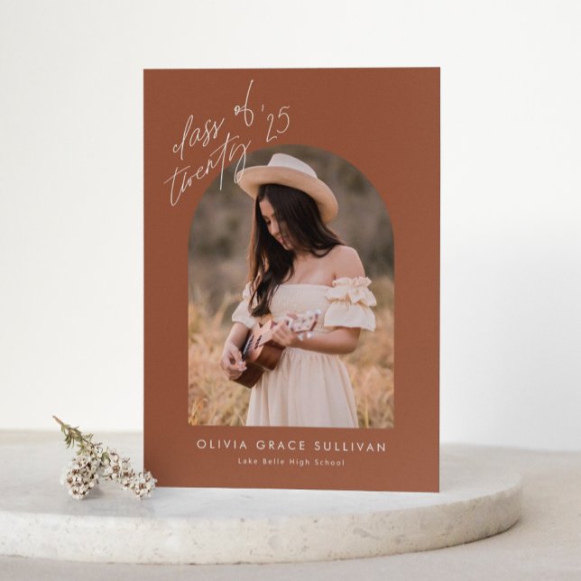 Boho Terracotta Arch Photo Graduation Announcement (Customizable photo graduation announcement featuring arch photo overlay on terracotta background.)