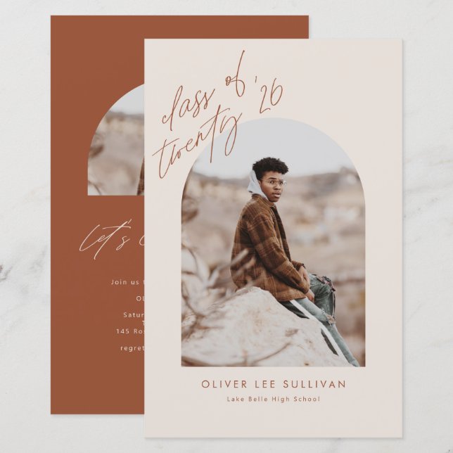 Boho Terracotta Arch Photo Graduation Invitation (Front/Back)