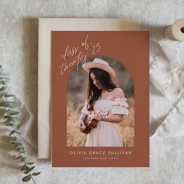 Boho Terracotta Arch Photo Graduation Invitation (Graduation Invitation Featuring Arch Photo, Handwriting Script, and Terracotta Background)