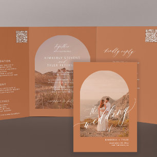Boho terracotta arch photo QR code wedding Tri-Fold Invitation