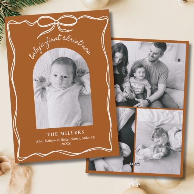 Boho Terracotta Baby's 1st Christmas Bow Photo Holiday Card (Boho Terracotta Baby's 1st Christmas Bow Photo)
