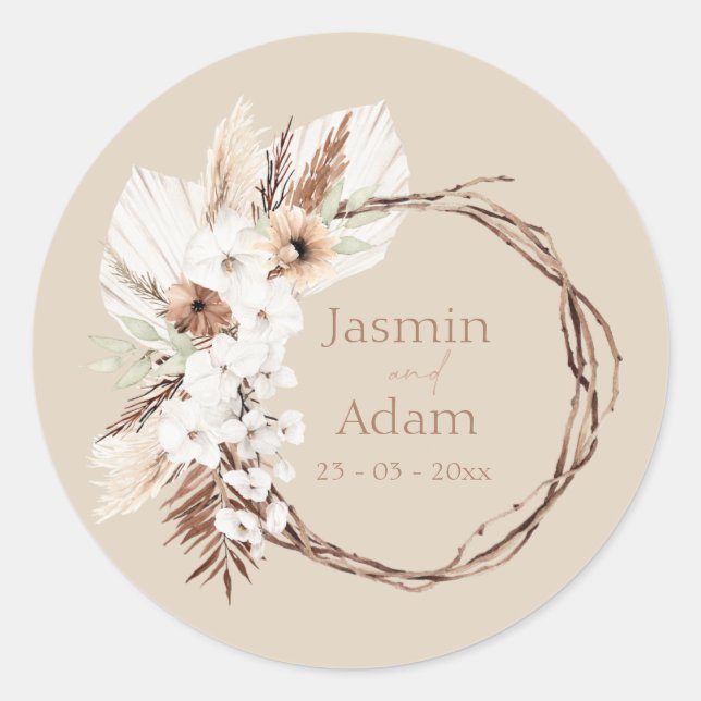 Boho Terracotta Beige Dried Floral Wreath Wedding Classic Round Sticker (Front)